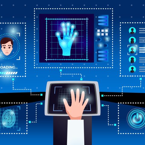 Identification computer technologies schema with integrated touchscreen interface for secure authorized user access blue background vector illustration