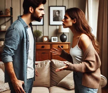 DALL·E 2024-10-09 15.14.22 - A tense and emotional scene of a couple arguing in their living room. The man and woman are standing facing each other, with frustrated expressions an