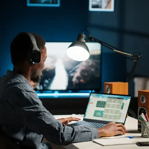 african-american-freelancer-solving-daily-tasks-with-music-headset