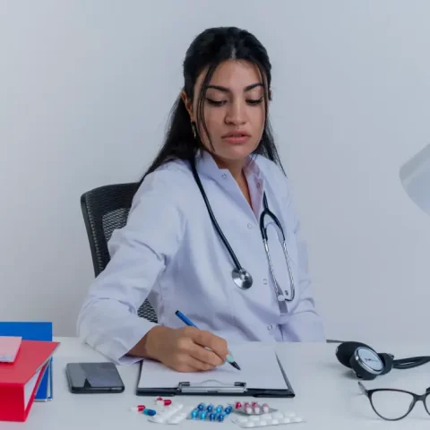 concentrated-young-female-doctor-wearing-medical-robe-stethoscope-sitting-desk-with-medical-tools-writing-clipboard-isolated