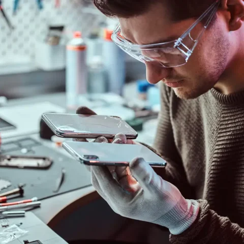 electronic-technician-holds-two-identical-smartphones-comparison-one-hand-broken-another-new
