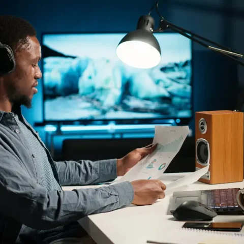 financial-advisor-talks-his-team-phone-call-home-office