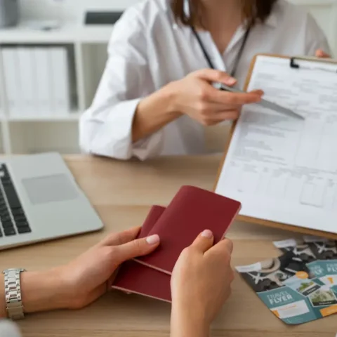 front-view-woman-working-as-travel-agent