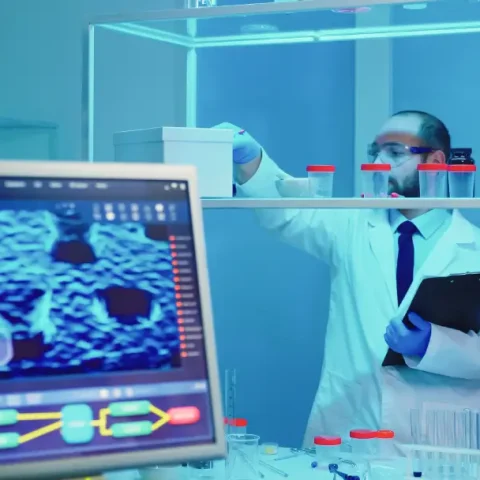 man-chemist-checking-bottle-pills-chemistry-tools-working-late-medical-researching