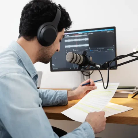 man-with-microphone-running-podcast-studio-reading-from-papers