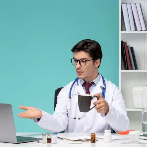 medical-young-smart-doctor-lab-coat-working-remotely-computer-talking-patient