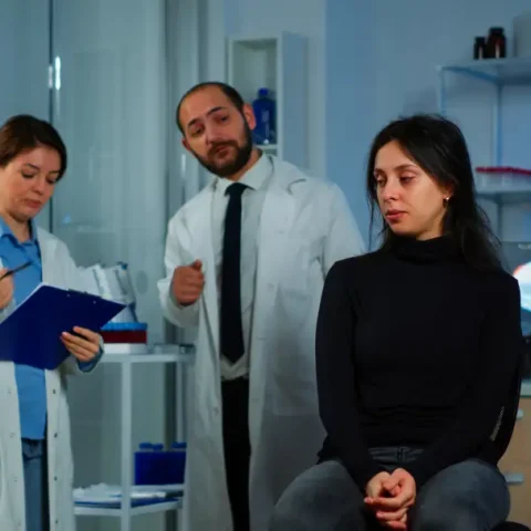 woman-waiting-doctor-sitting-chair-neurological-research-laboratory-while-researchers-team-discussing-background-health-status-patient-brain-functions-nervous-system-tomography-scan