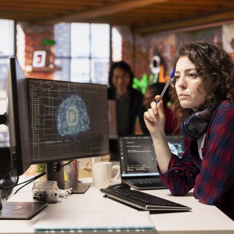 Woman working in AI tech agency providing custom software development services. IT expert using artificial intelligence technology to streamline coding process in innovative startup office